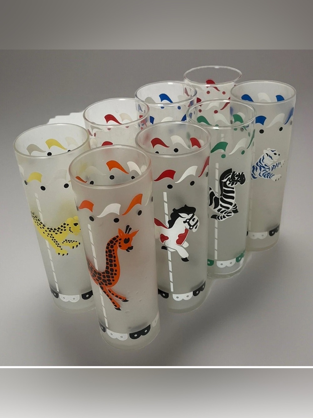 Vintage Libbey Mary go round Carousel Animal Frosted Glasses Multicolor Set of 8
